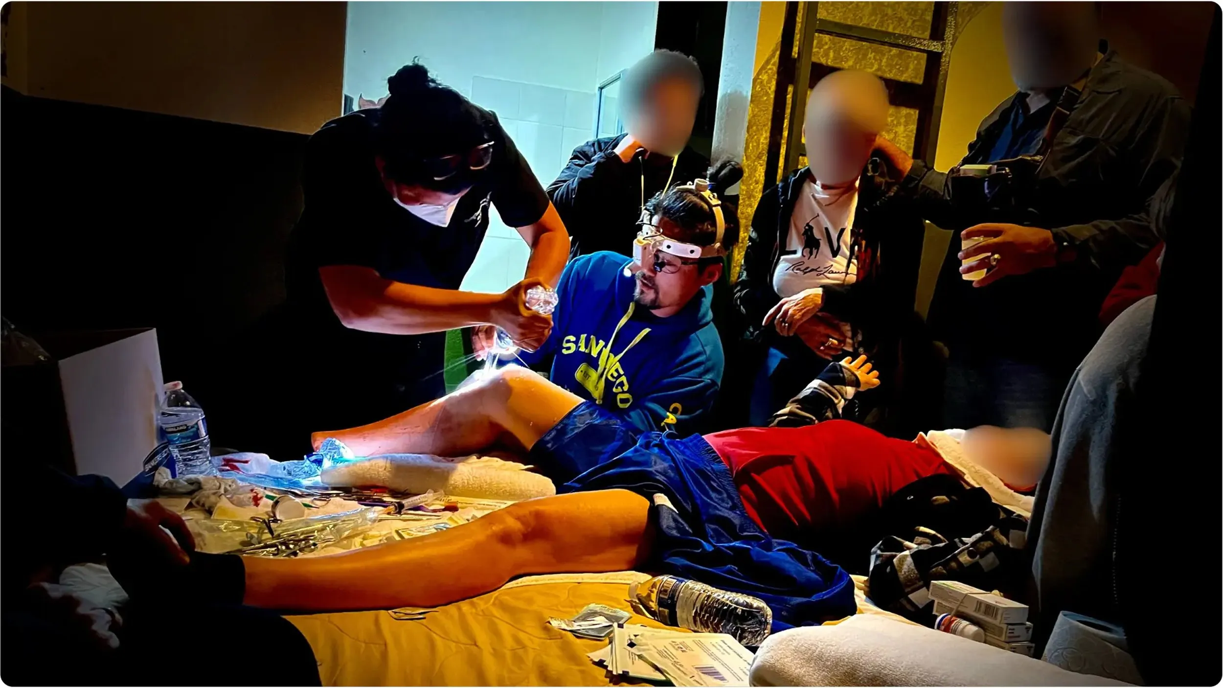 Wound care being provided to a patient in a hotel room