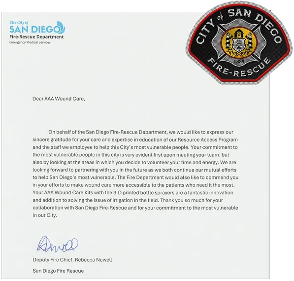 Letter of appreciation to AAA Wound Care from San Diego Fire-Rescue Deputy Fire Chief Rebecca Newell