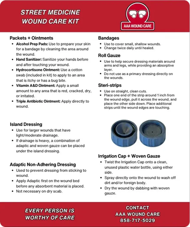 Street Medicine Wound Care Kit instruction card listing each supply and how to use it