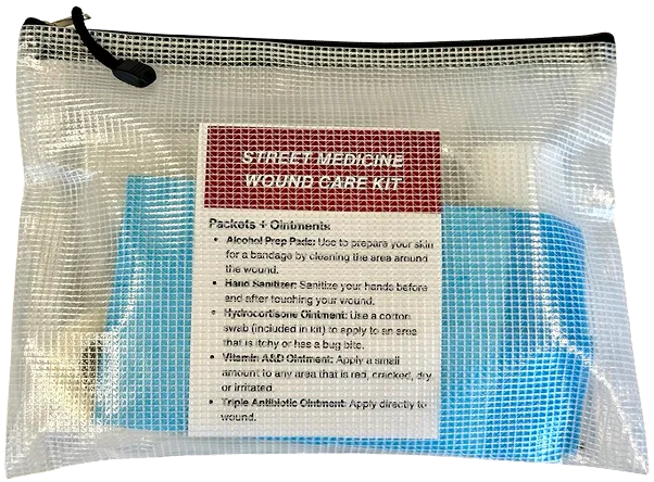 Street Medicine Wound Care Kit in a clear zippered pouch