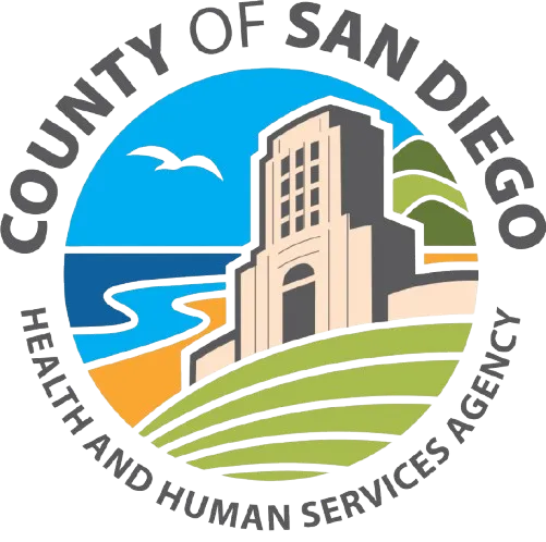 Logo of County of San Diego Health and Human Services Agency, featuring a building illustration with landscape, ocean, and birds.
