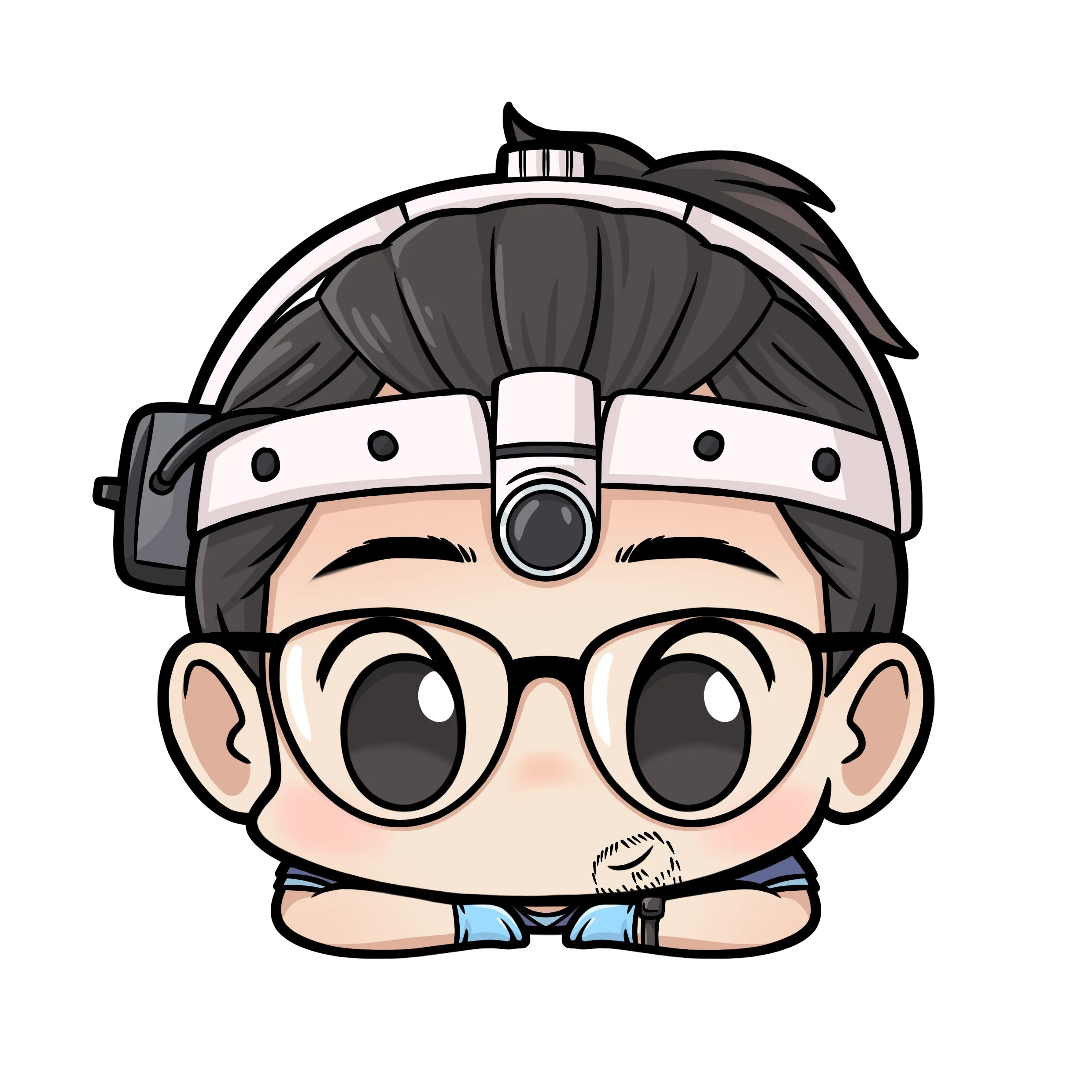 Cartoon character of wound care doctor, wearing glasses and a headlamp
