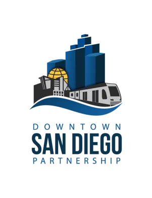Logo of Downtown San Diego Partnership featuring skyscrapers, and a transit train.