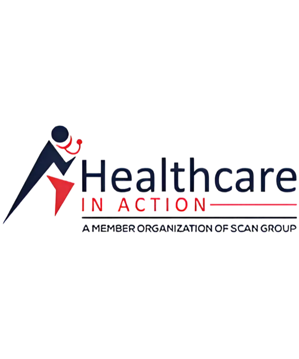 Healthcare In Action logo featuring a stylized figure and text indicating it is a member organization of SCAN Group.