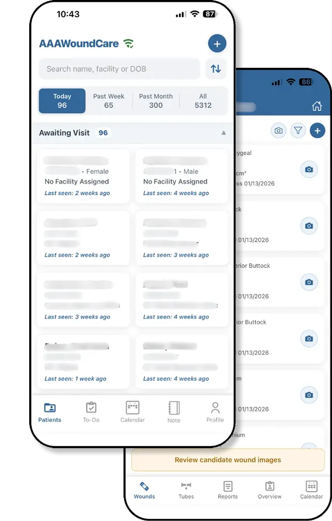 WoundFocus EMR app screens on two iPhones showing a patient list and wound list