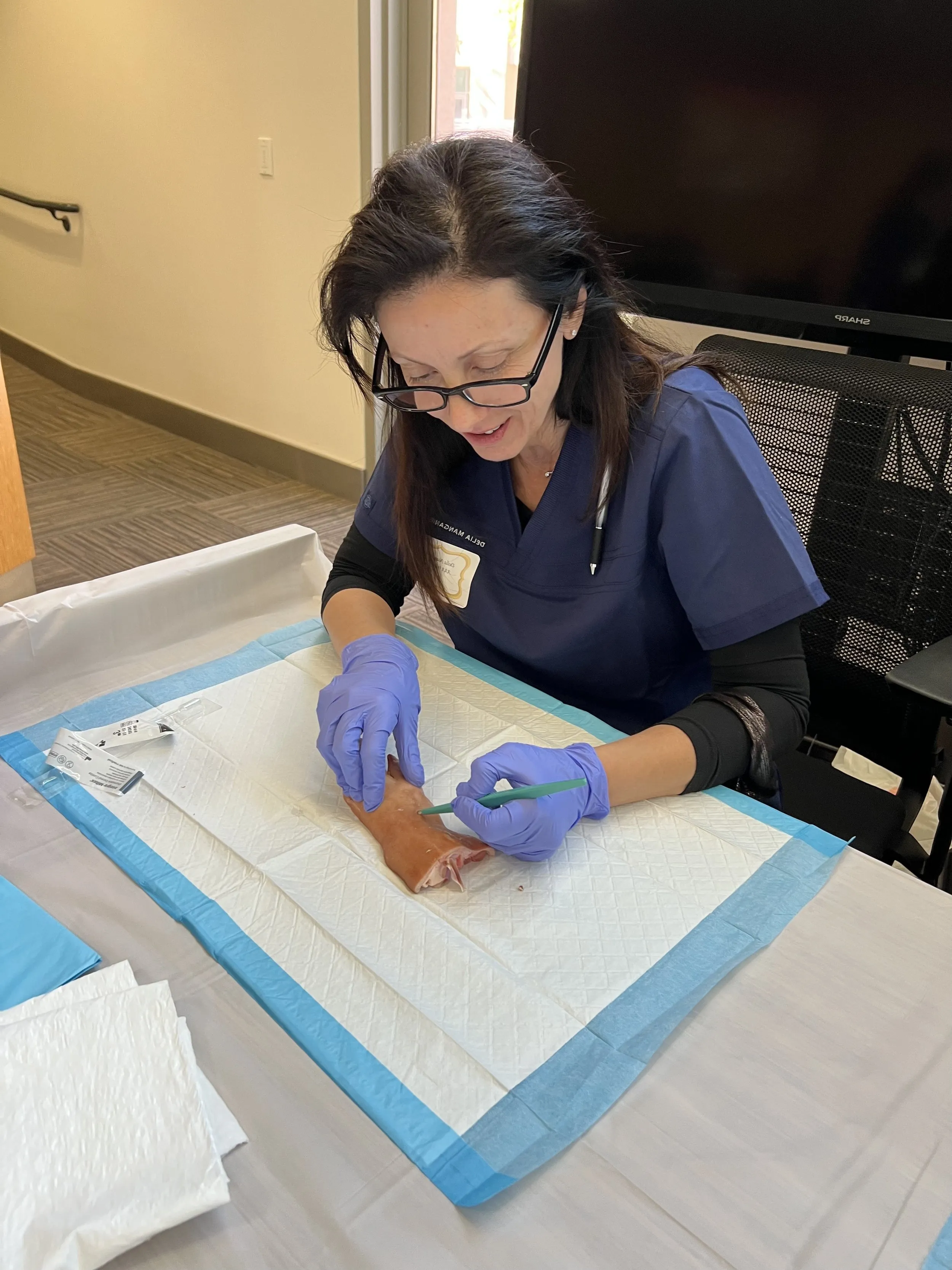 Person practicing suturing on a pig foot