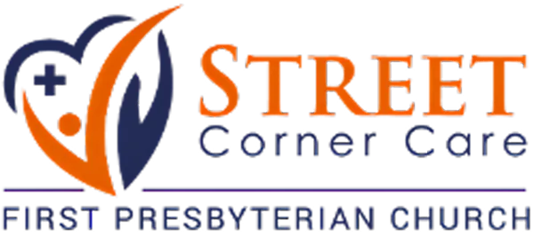 Logo for "Street Corner Care" by First Presbyterian Church with a stylized heart and cross graphic.